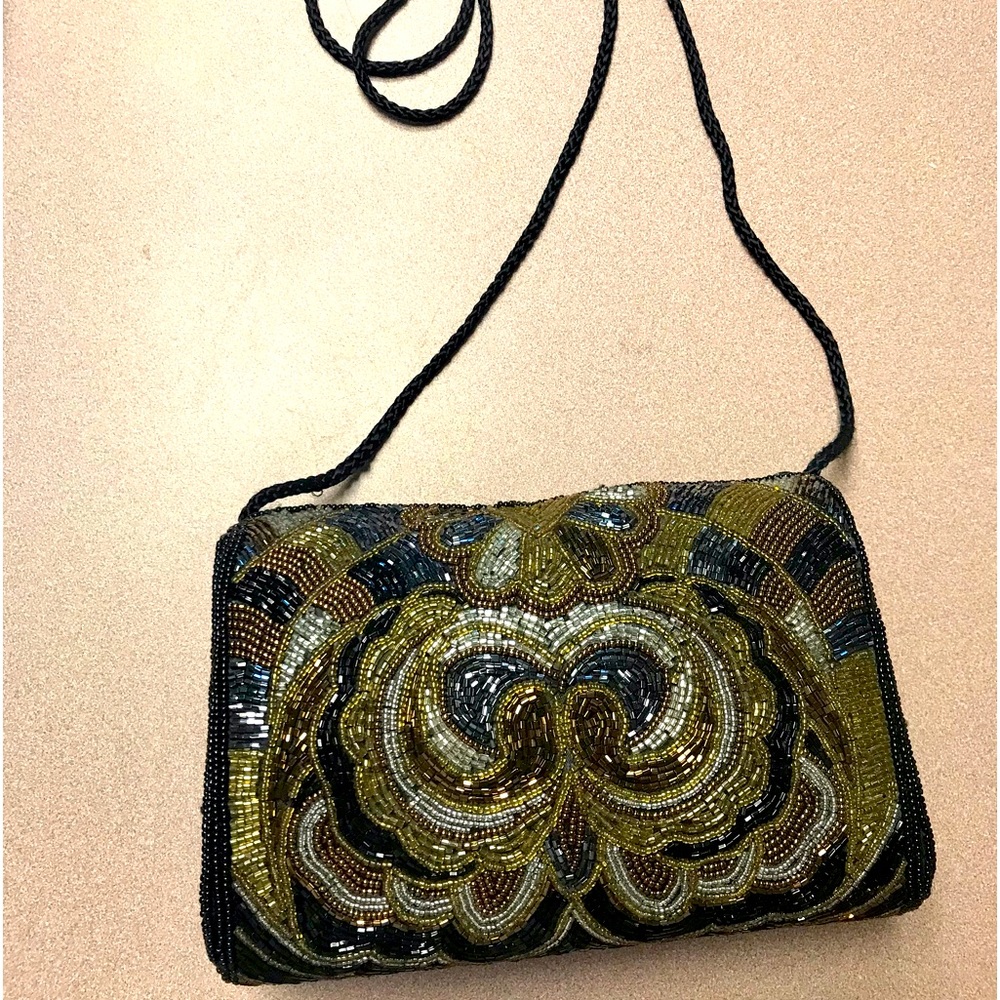 Art Deco Vintage Andre Cellini Satin Beaded Black Bronze Gold Evening Bag